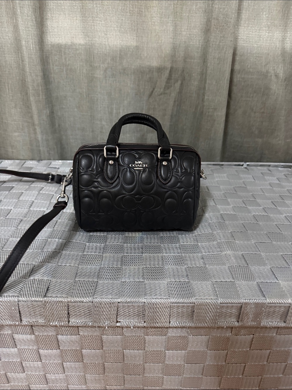 Coach Black Embossed Signature Mini Satchel with Crossbody Strap